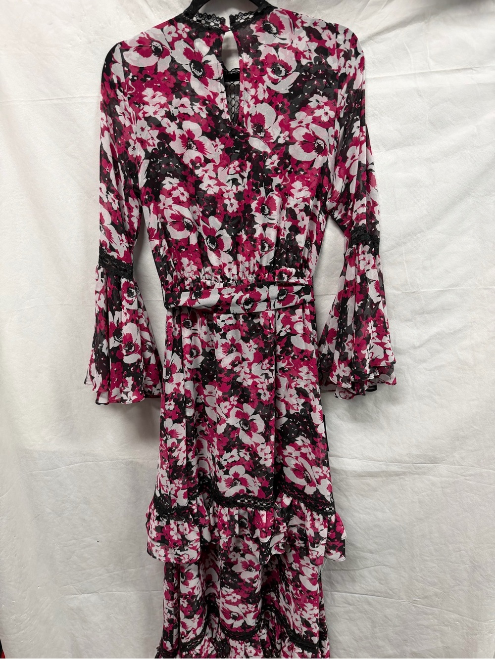 Misa Los Angeles Pink and Black Floral Long-Sleeve Ruffle Midi Dress